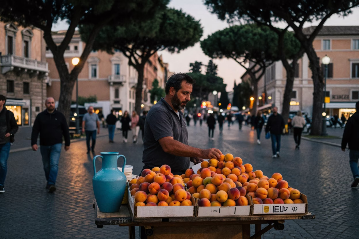 Evening street scene in Rome with apricots and cooler jug in in Rome, Italy