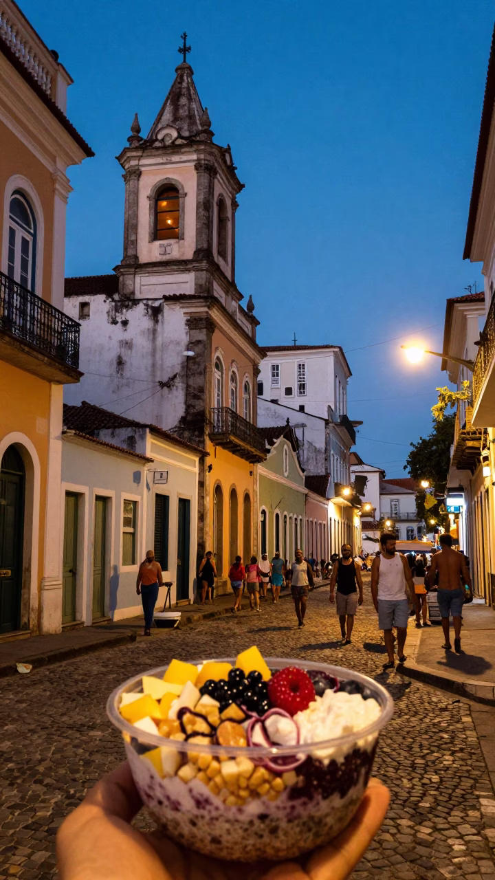 Evening Street Scene in Salvador Brazil with Acai Bowl and Local Market Activity in in Salvador, Brazil
