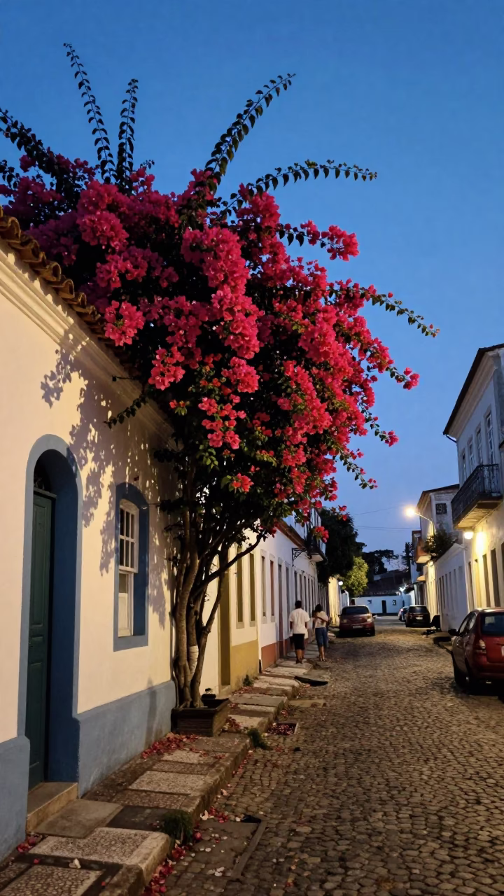 Evening Street Scene in Salvador Brazil with Bougainvillea and Local Life in in Salvador, Brazil