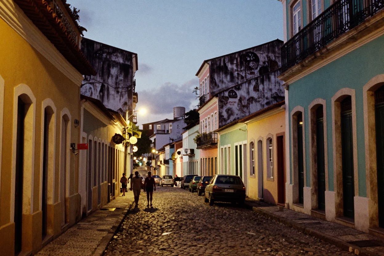 Evening Street Scene in Salvador Brazil with Colorful Architecture and Dusk Lighting in in Salvador, Brazil