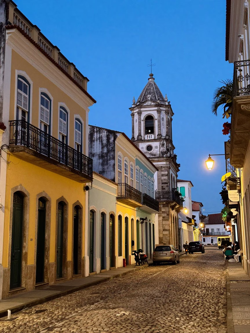 Evening Street Scene in Salvador Brazil with Colorful Architecture and Local Life in in Salvador, Brazil