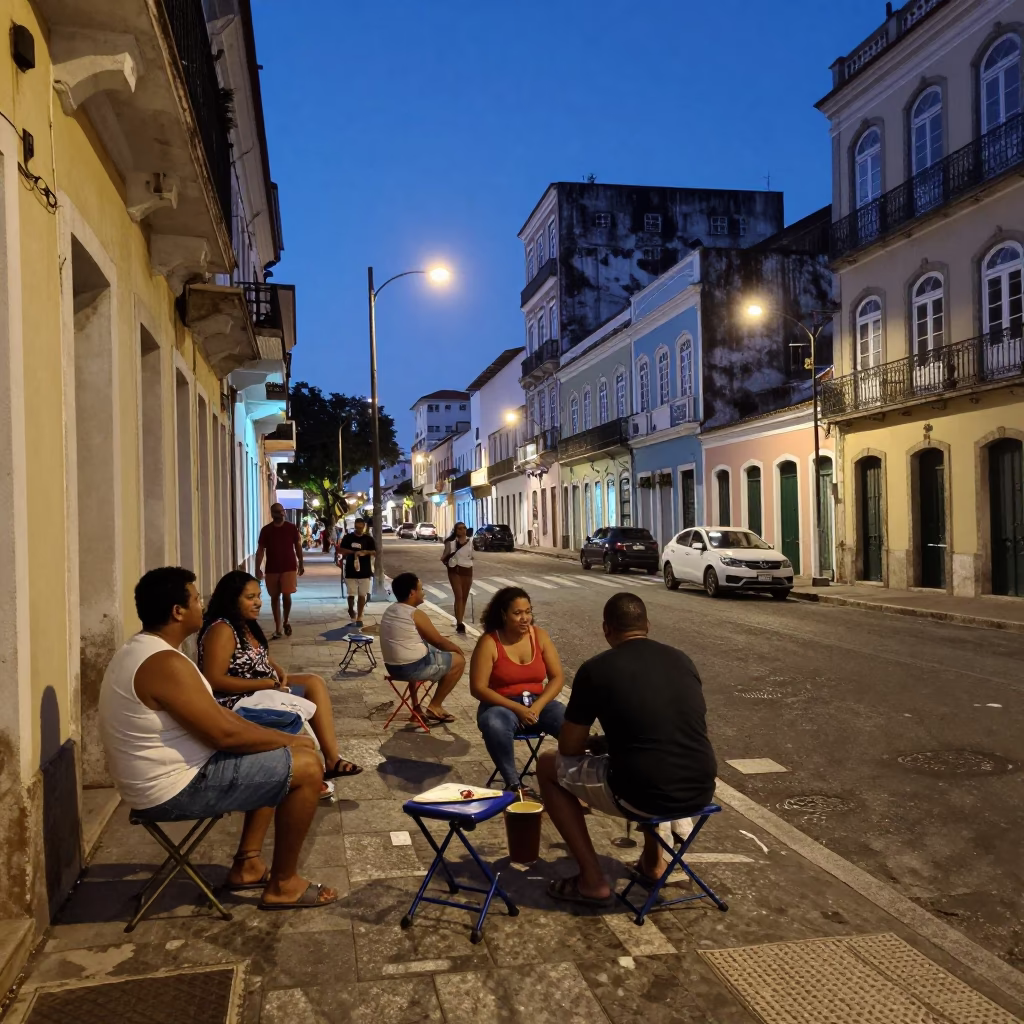 Evening Street Scene in Salvador Brazil with Folding Stools and Local Life in in Salvador, Brazil