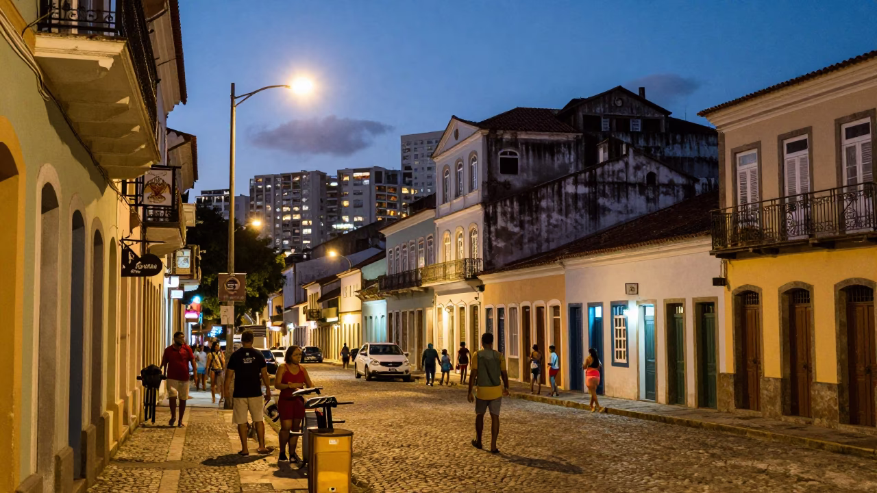 Evening street scene in Salvador Brazil with glowing lights and local cup on table in in Salvador, Brazil