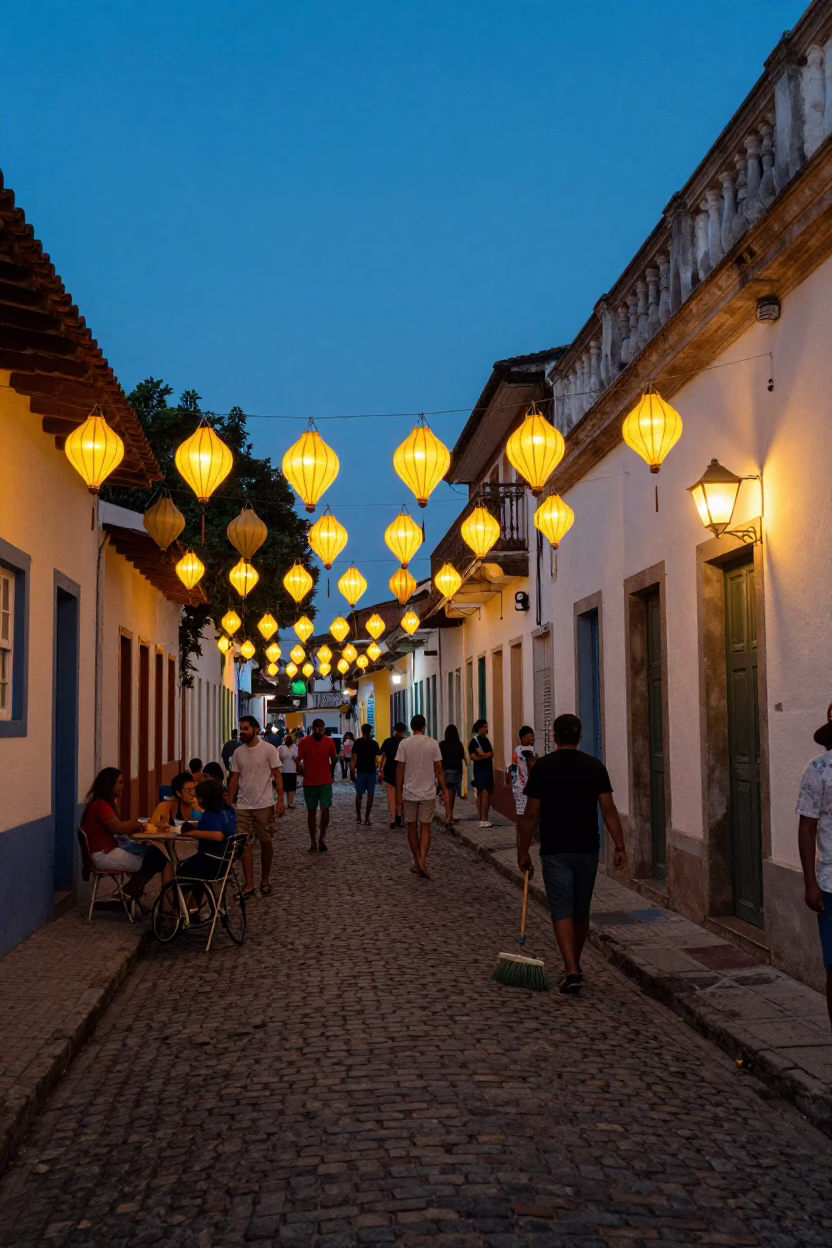 Evening Street Scene in Salvador Brazil with Lanterns and Brooms in in Salvador, Brazil
