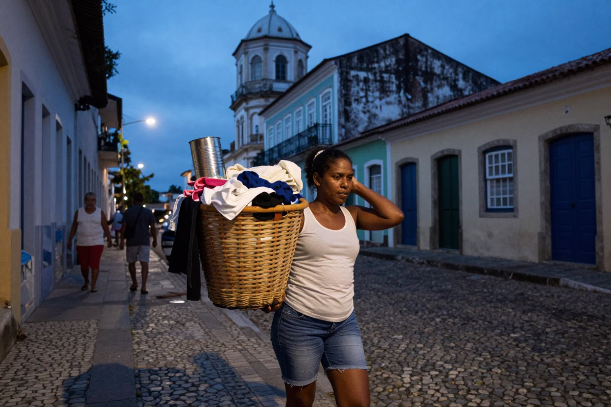 Evening street scene in Salvador Brazil with laundry basket and tin box in in Salvador, Brazil