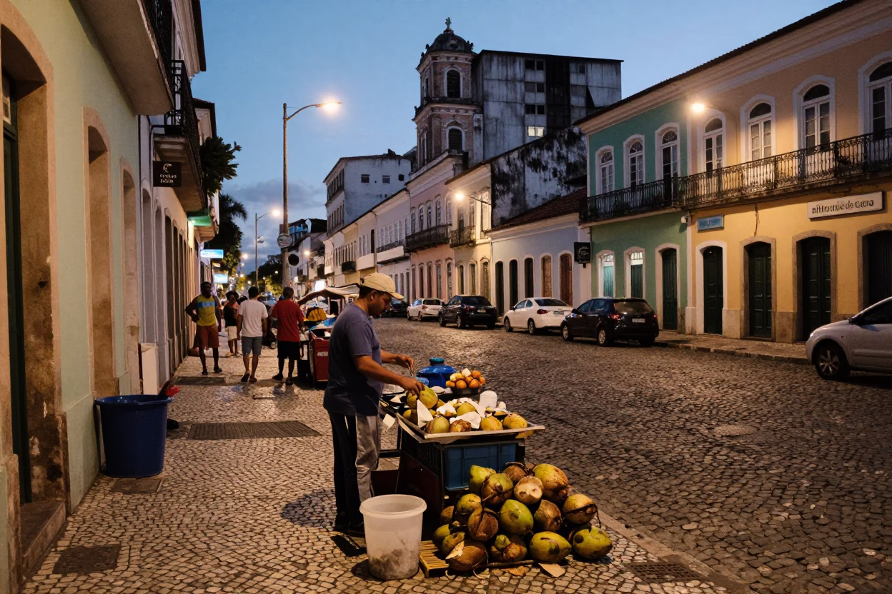 Evening Street Scene in Salvador Brazil with Local Vendors and City Lights in in Salvador, Brazil