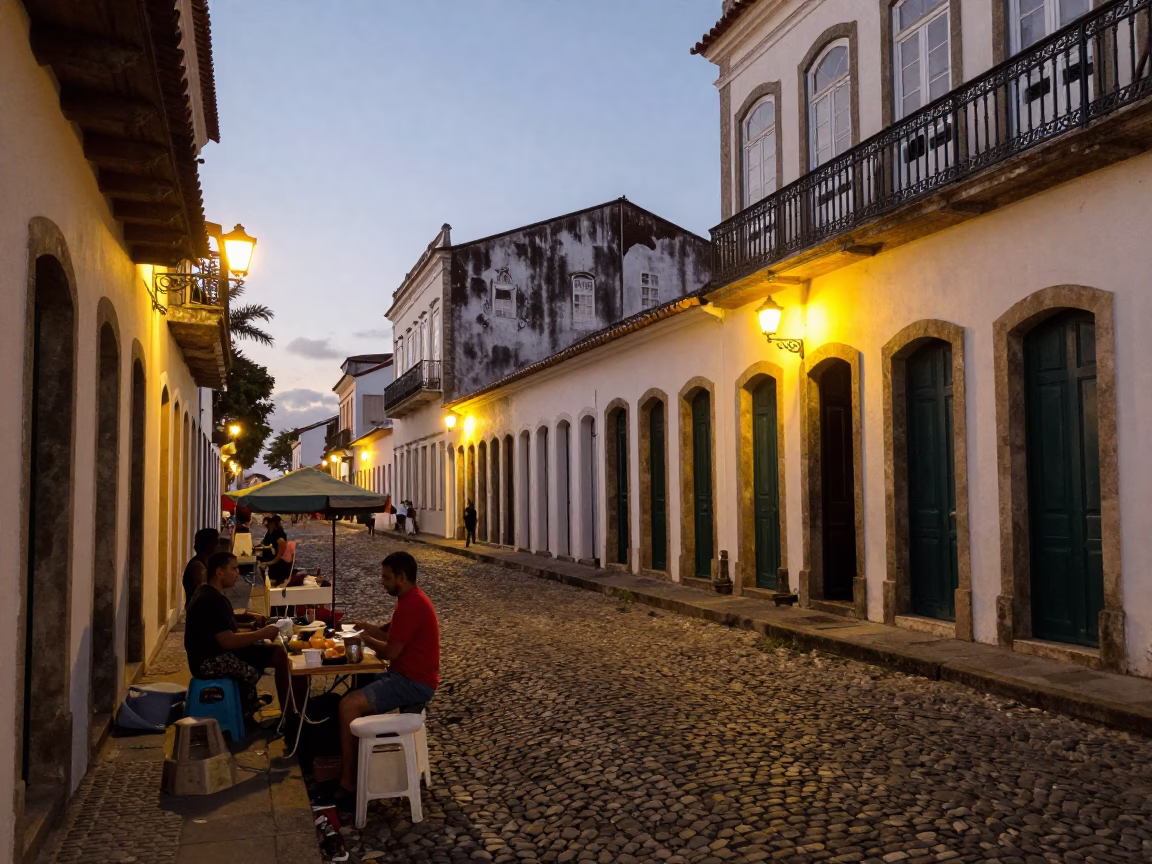 Evening Street Scene in Salvador Brazil with Local Vendors and Traditional Architecture in in Salvador, Brazil