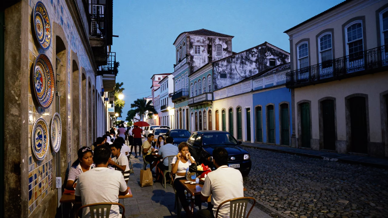 Evening Street Scene in Salvador Brazil with Majolica Plates and Local Dining in in Salvador, Brazil