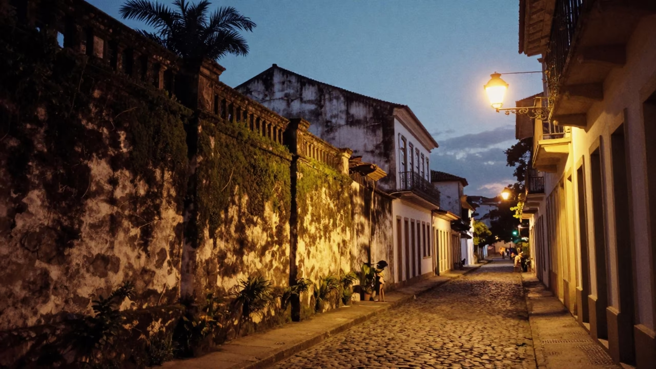 Evening street scene in Salvador Brazil with mossy colonial wall and local dog in in Salvador, Brazil