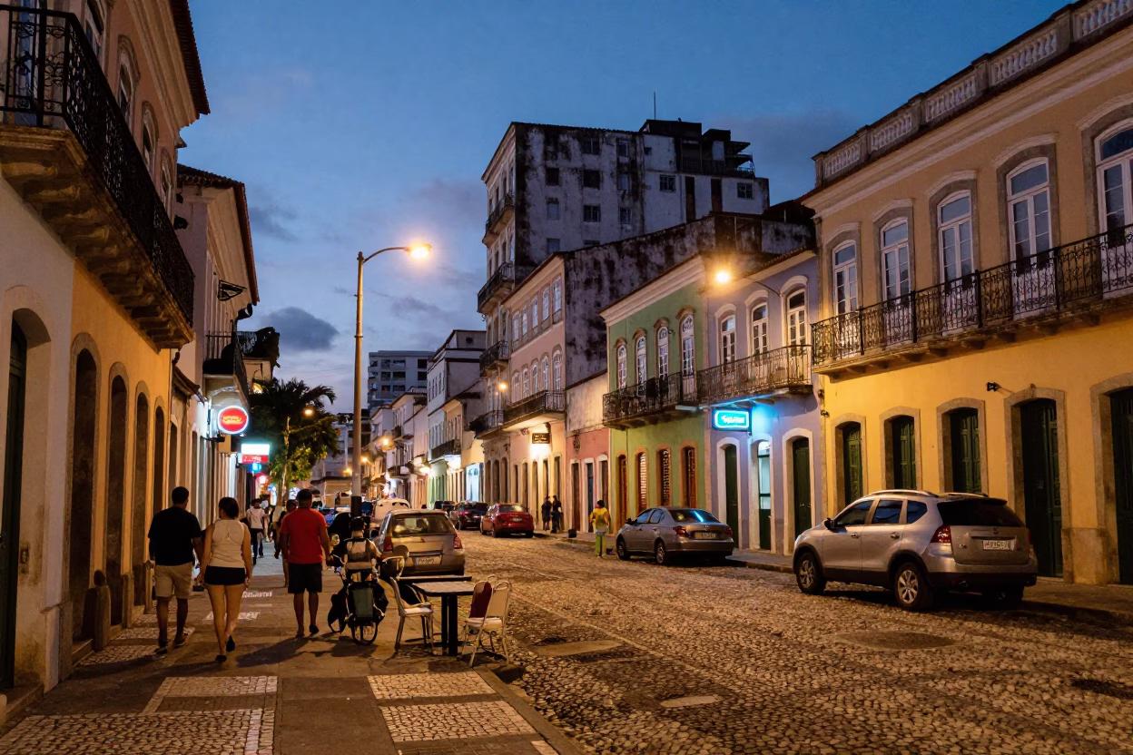 Evening Street Scene in Salvador Brazil with Neon Lights and Local Vendors in in Salvador, Brazil