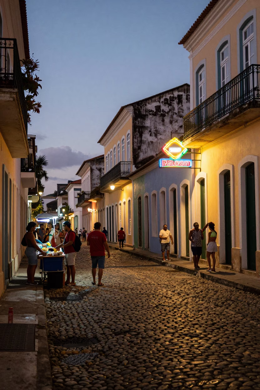 Evening Street Scene in Salvador Brazil with Neon Signs and Local Activity in in Salvador, Brazil