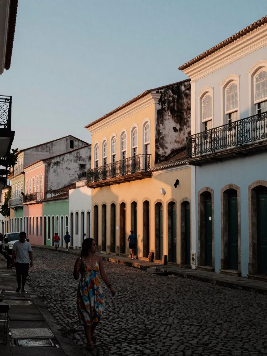 Evening Street Scene in Salvador Brazil with Pedestrians and Colonial Architecture in in Salvador, Brazil