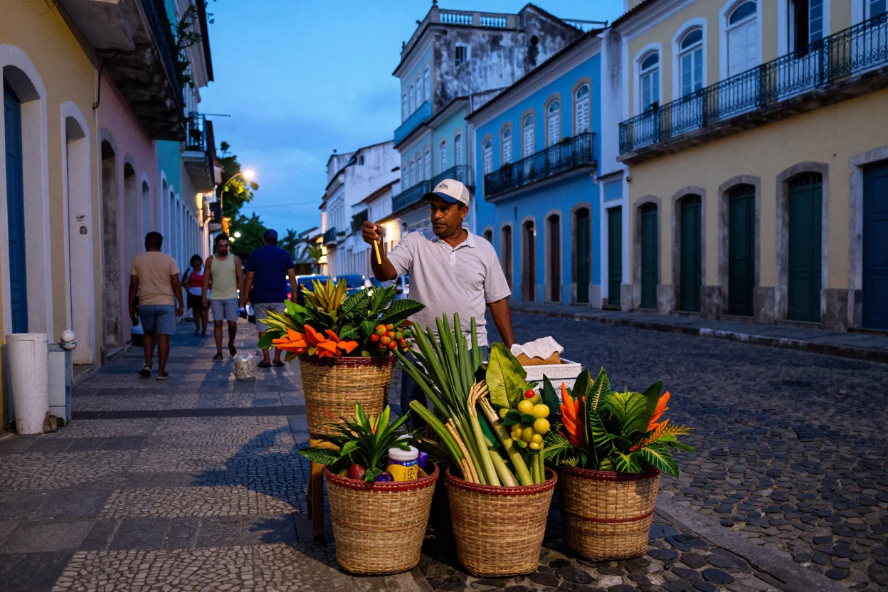 Evening Street Scene in Salvador Brazil with Vendor and Woven Baskets in in Salvador, Brazil