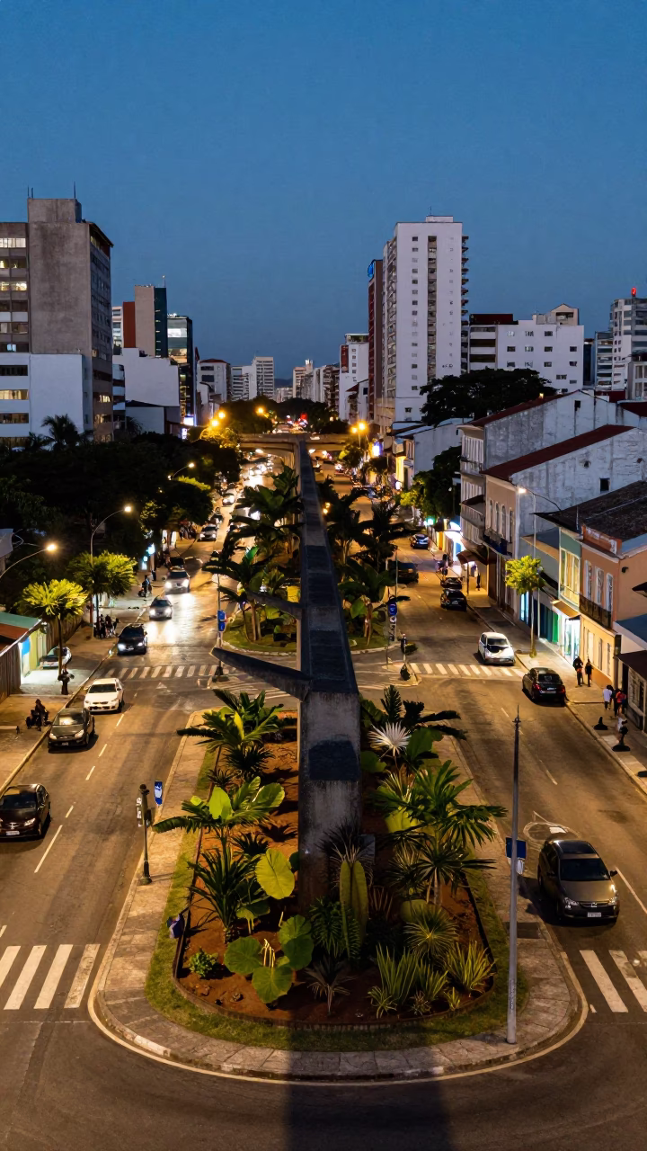 Evening Street Scene in Salvador Brazil with Viaduct Shadow Over Gardens in in Salvador, Brazil