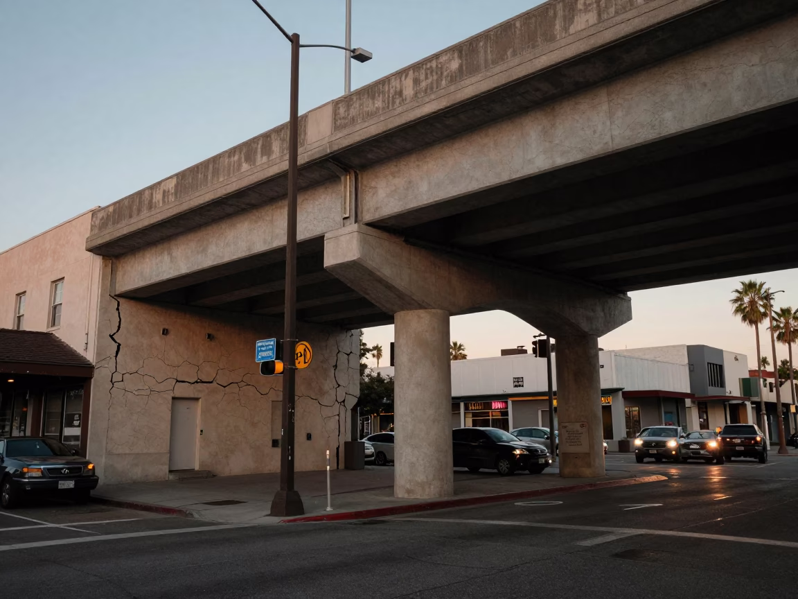 Evening Street Scene in San Diego California With Cracked Stucco and Traffic Shadows in in San Diego, California, United States