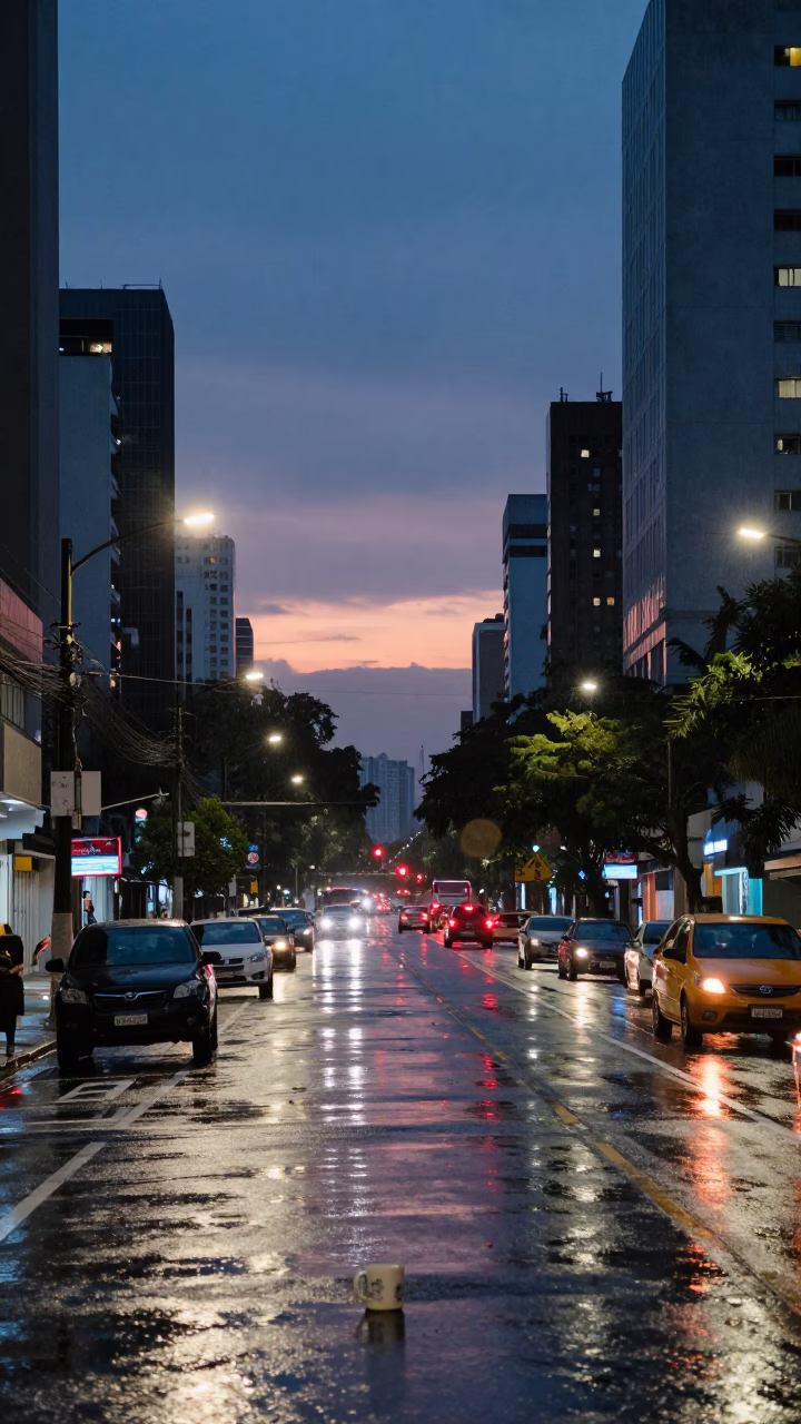 Evening Street Scene in São Paulo Brazil with Mugs and Rainy Urban Atmosphere in in São Paulo, Brazil