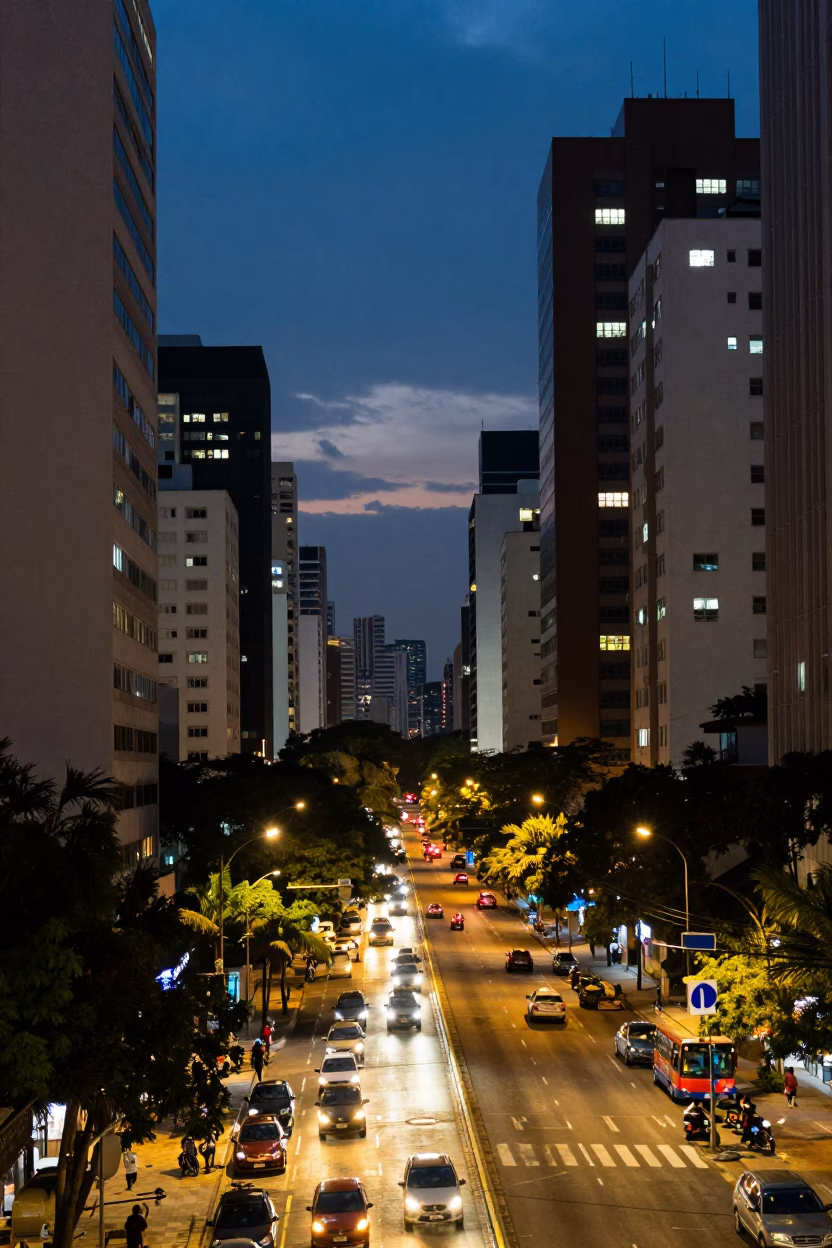 Evening Street Scene in São Paulo Brazil with Neon Lights and Urban Activity in in São Paulo, Brazil