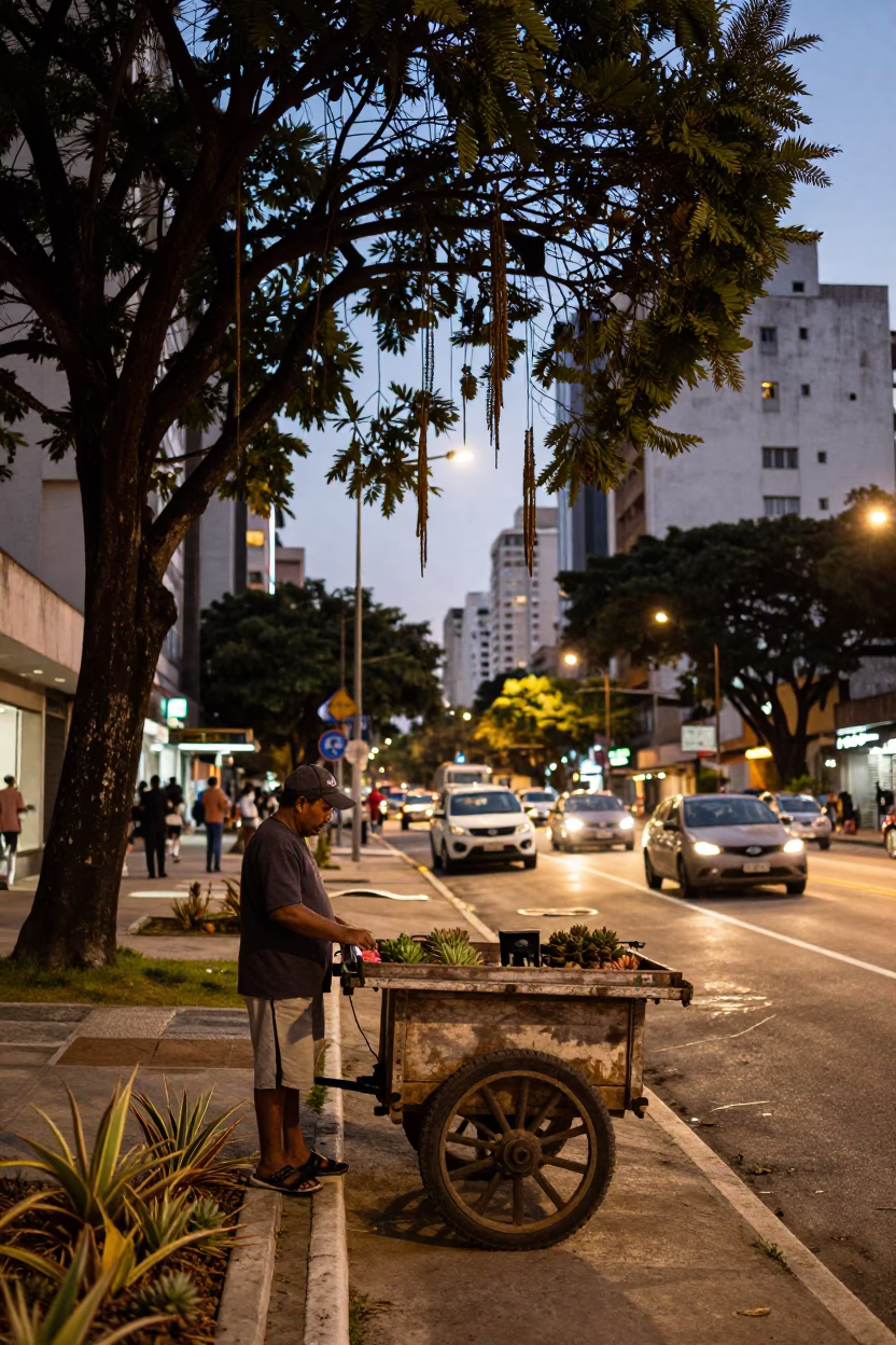 Evening Street Scene in São Paulo Brazil with Tamarind Tree and Succulents in in São Paulo, Brazil