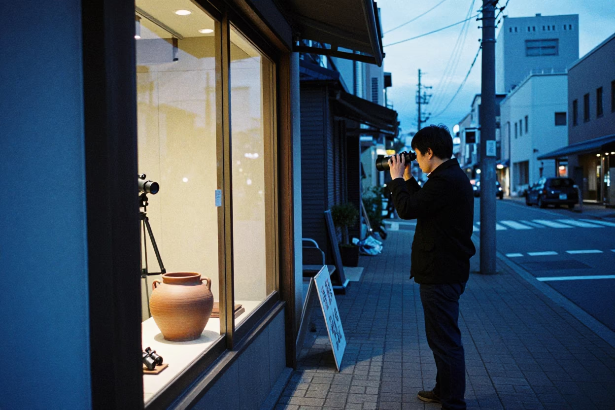 Evening Street Scene in Sapporo Japan with Clay Pot and Telescope Mount in in Sapporo, Japan