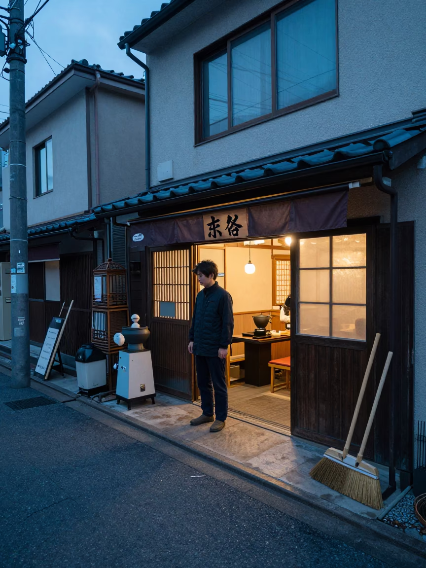 Evening Street Scene in Sapporo Japan with Coffee Grinder and Brooms in in Sapporo, Japan
