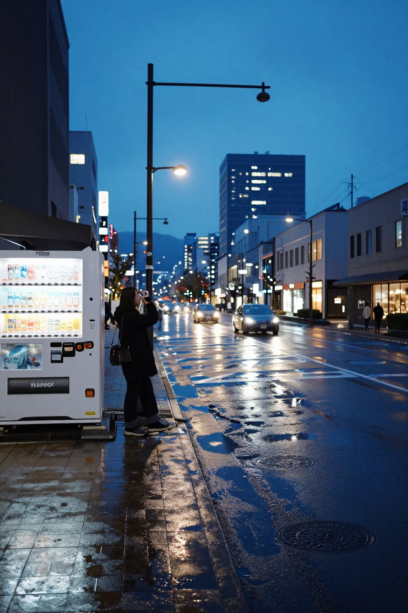 Evening Street Scene in Sapporo Japan with Condensation and Water Rings in in Sapporo, Japan