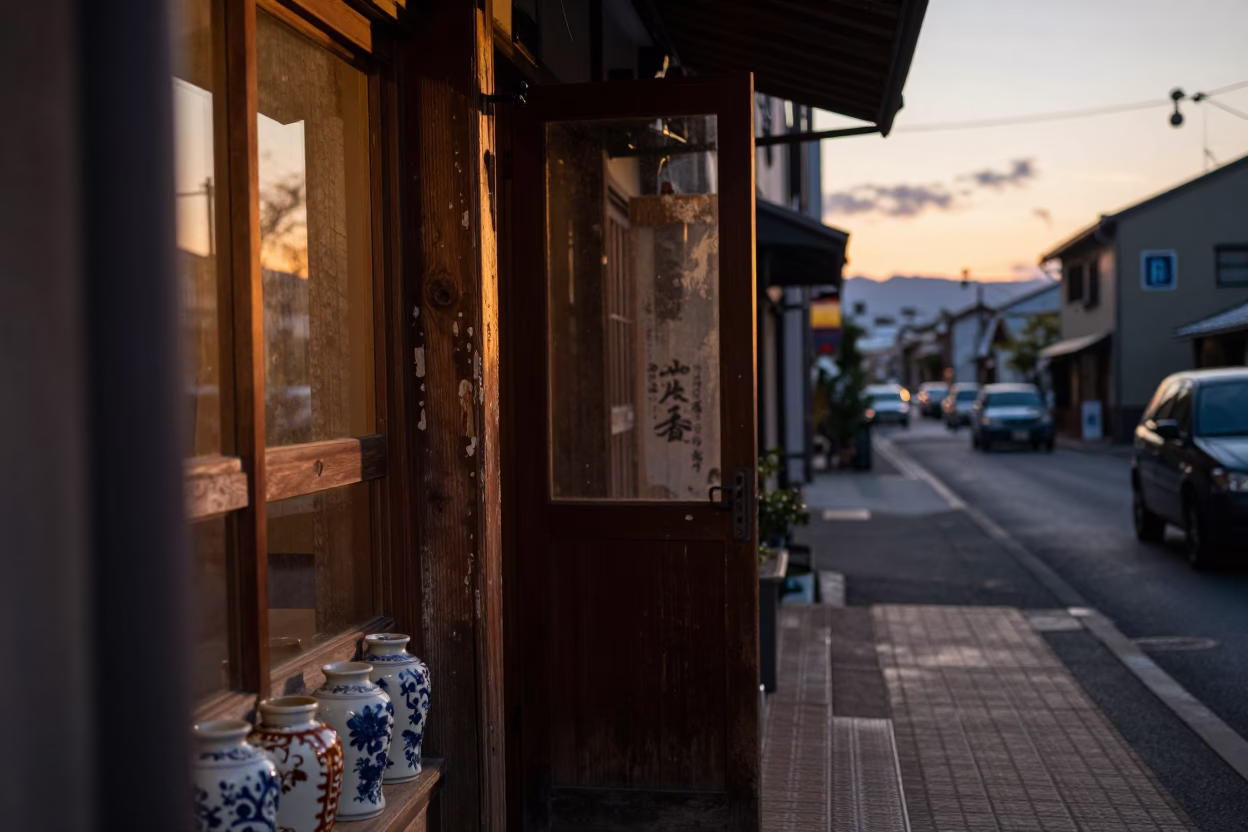 Evening Street Scene in Sapporo Japan with Doorframe and Ceramic Details in in Sapporo, Japan