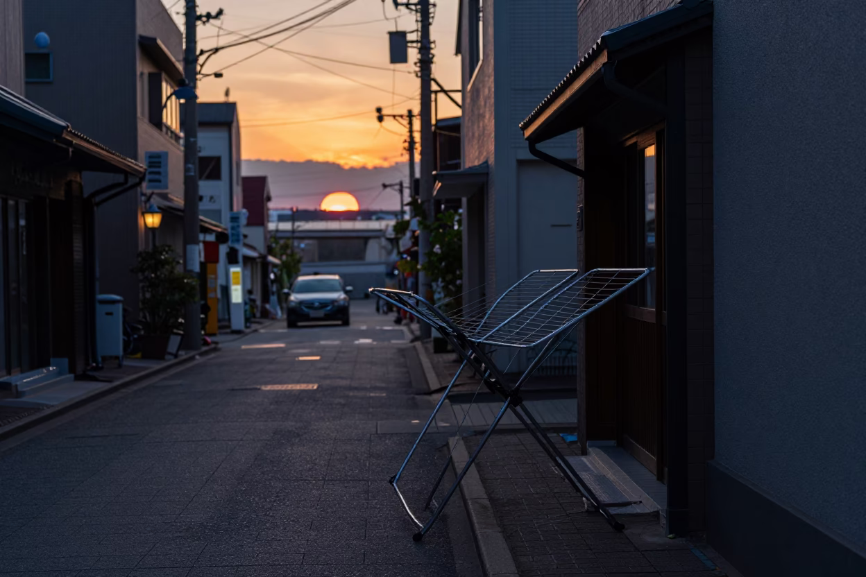 Evening Street Scene in Sapporo Japan with Drying Rack and Urban Details in in Sapporo, Japan