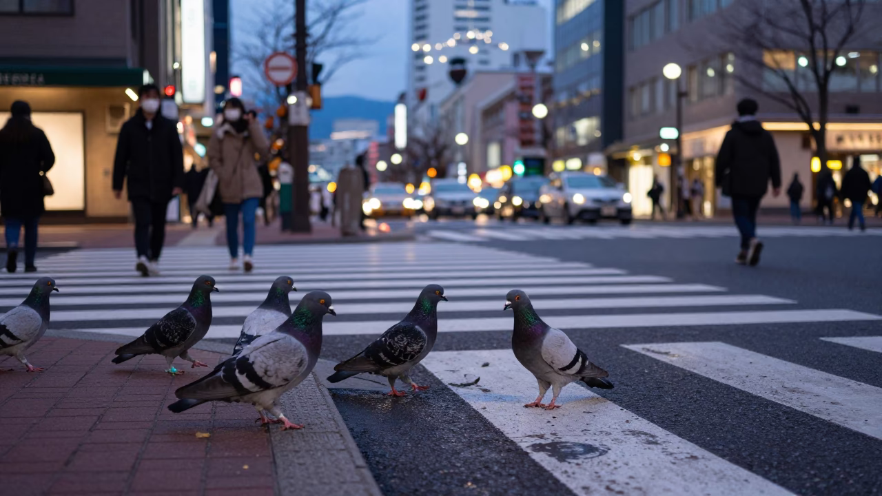 Evening street scene in Sapporo Japan with pigeons and city lights in in Sapporo, Japan