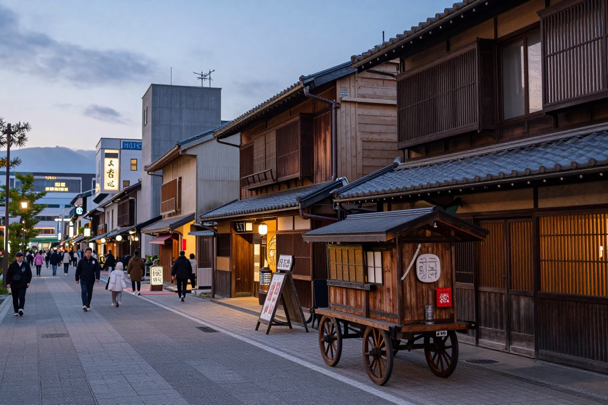Evening Street Scene in Sapporo Japan with Rolling Carts and Traditional Architecture in in Sapporo, Japan