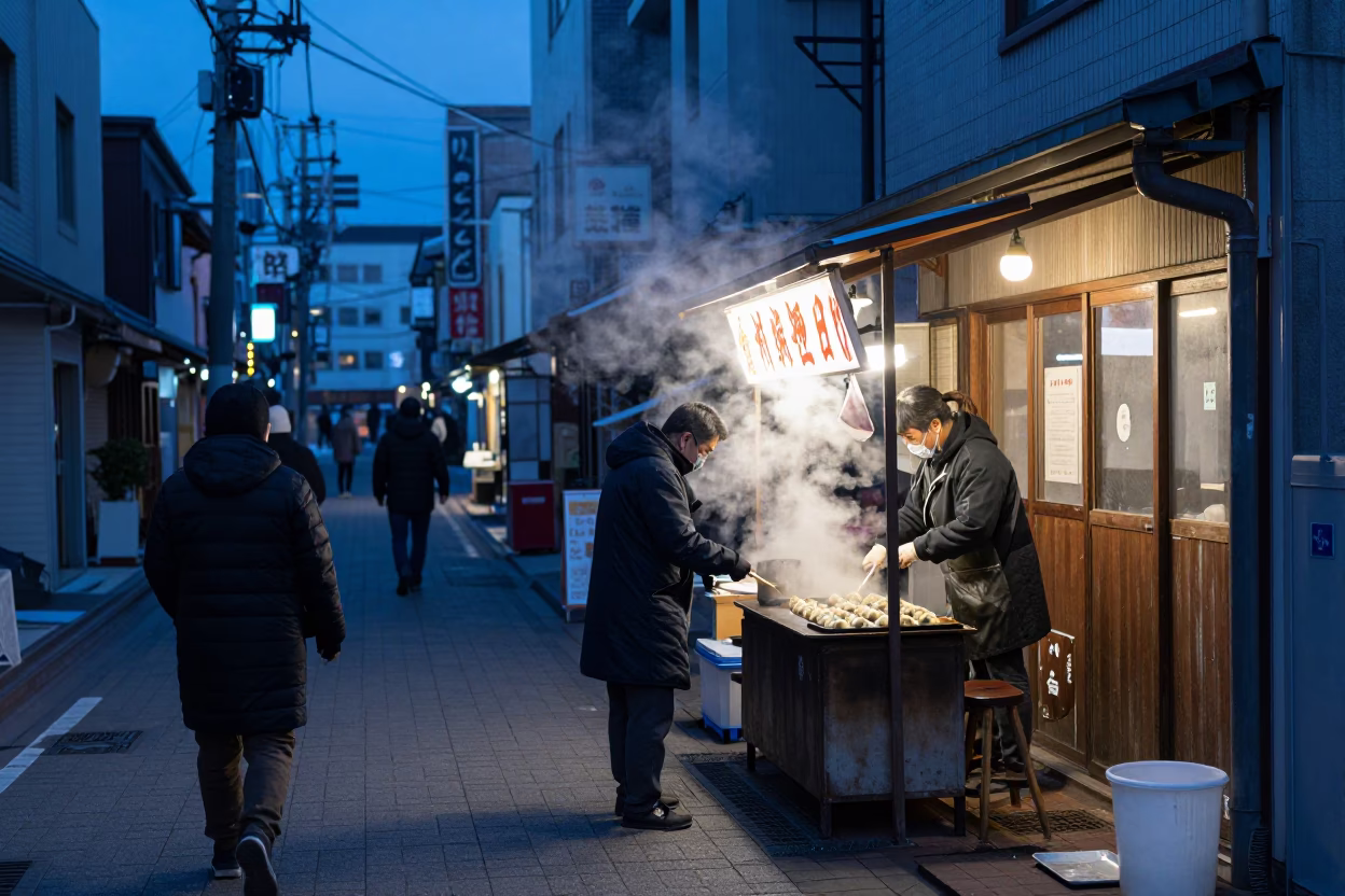Evening Street Scene in Sapporo Japan with Steam and Mandu Dumplings in in Sapporo, Japan