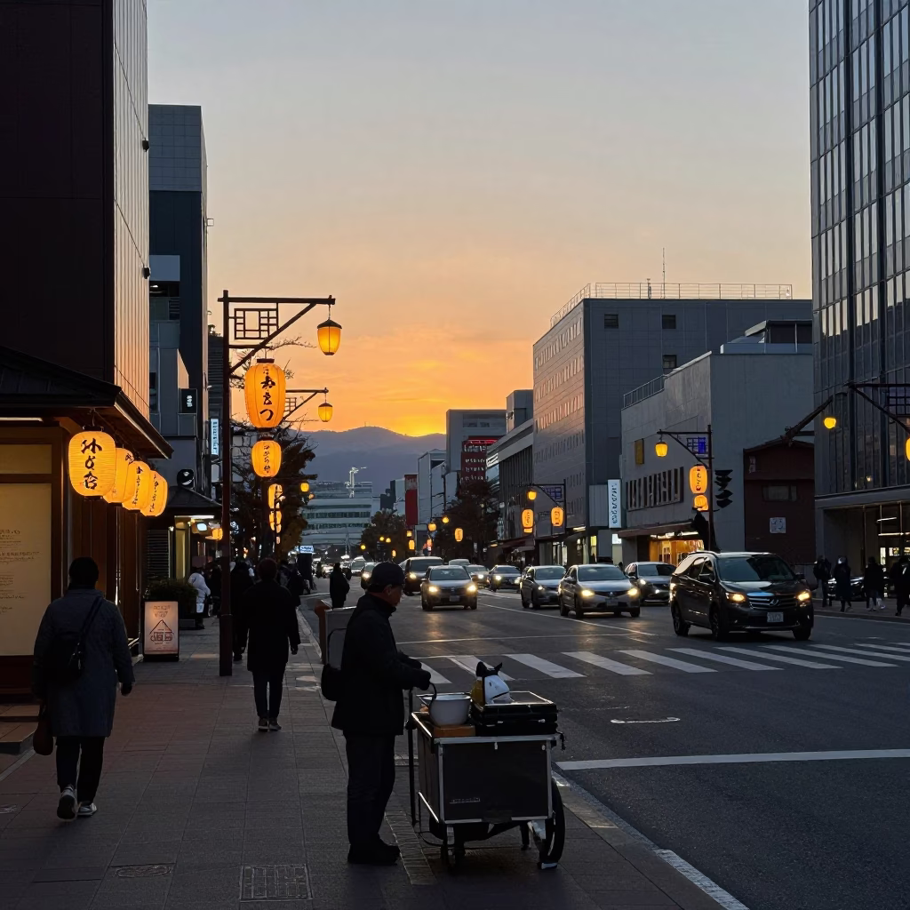 Evening Street Scene in Sapporo Japan with Traditional Lanterns and Modern Architecture in in Sapporo, Japan