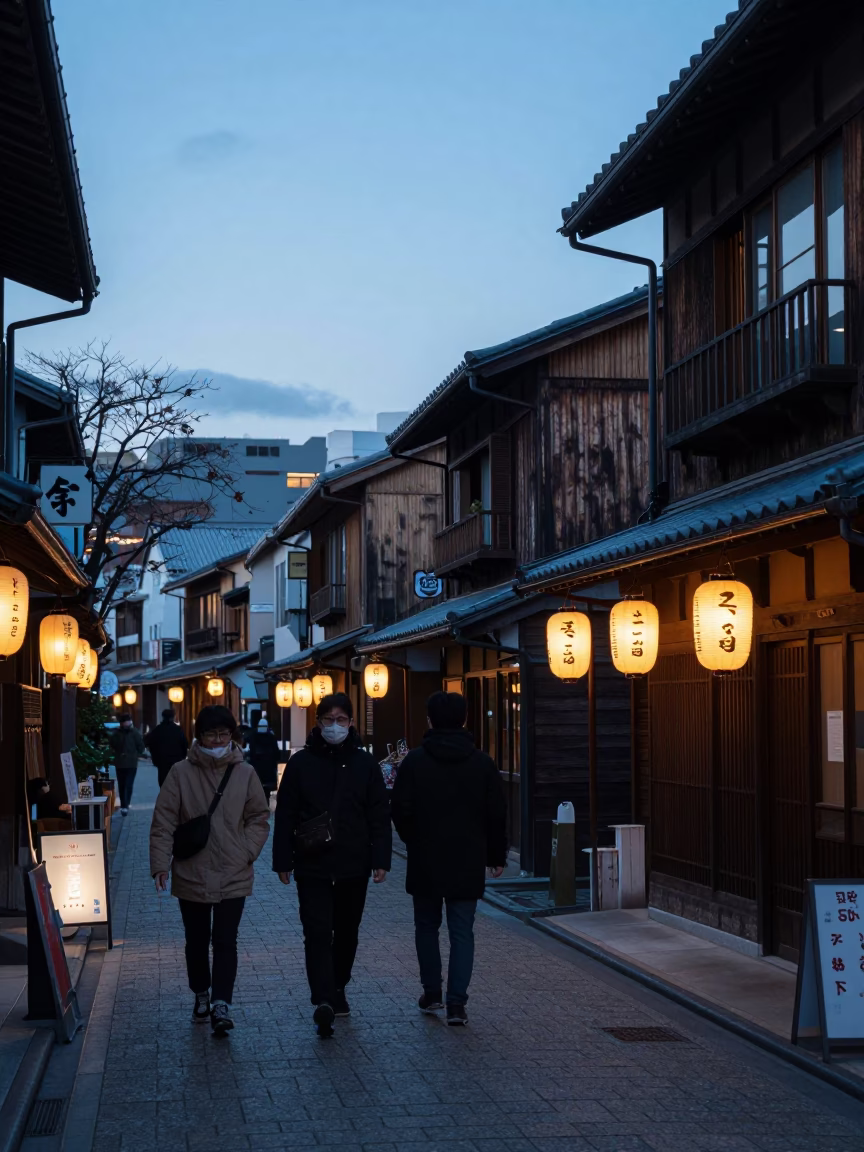 Evening Street Scene in Sapporo Japan with Traditional Lanterns and Pedestrians in in Sapporo, Japan