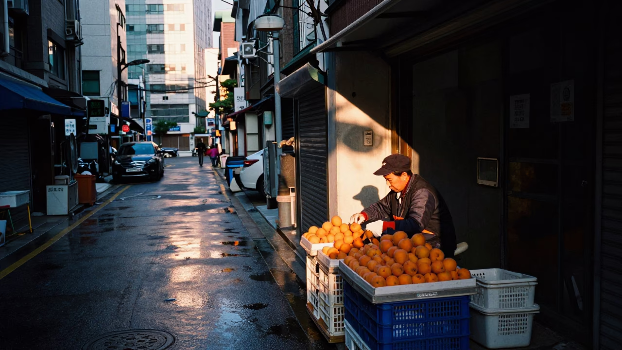 Evening Street Scene in Seoul South Korea with Apricots and Urban Details in in Seoul, South Korea