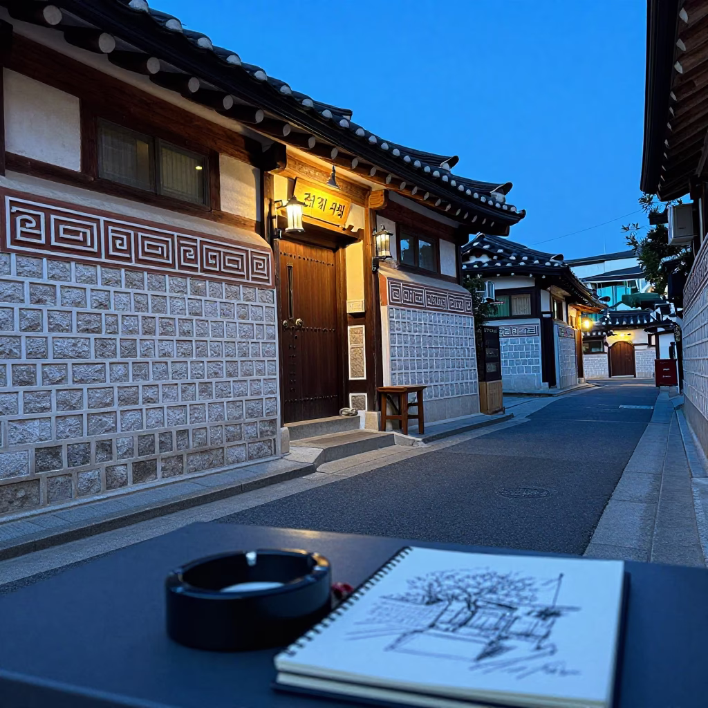 Evening street scene in Seoul South Korea with ashtray and sketchbook on wooden table in in Seoul, South Korea