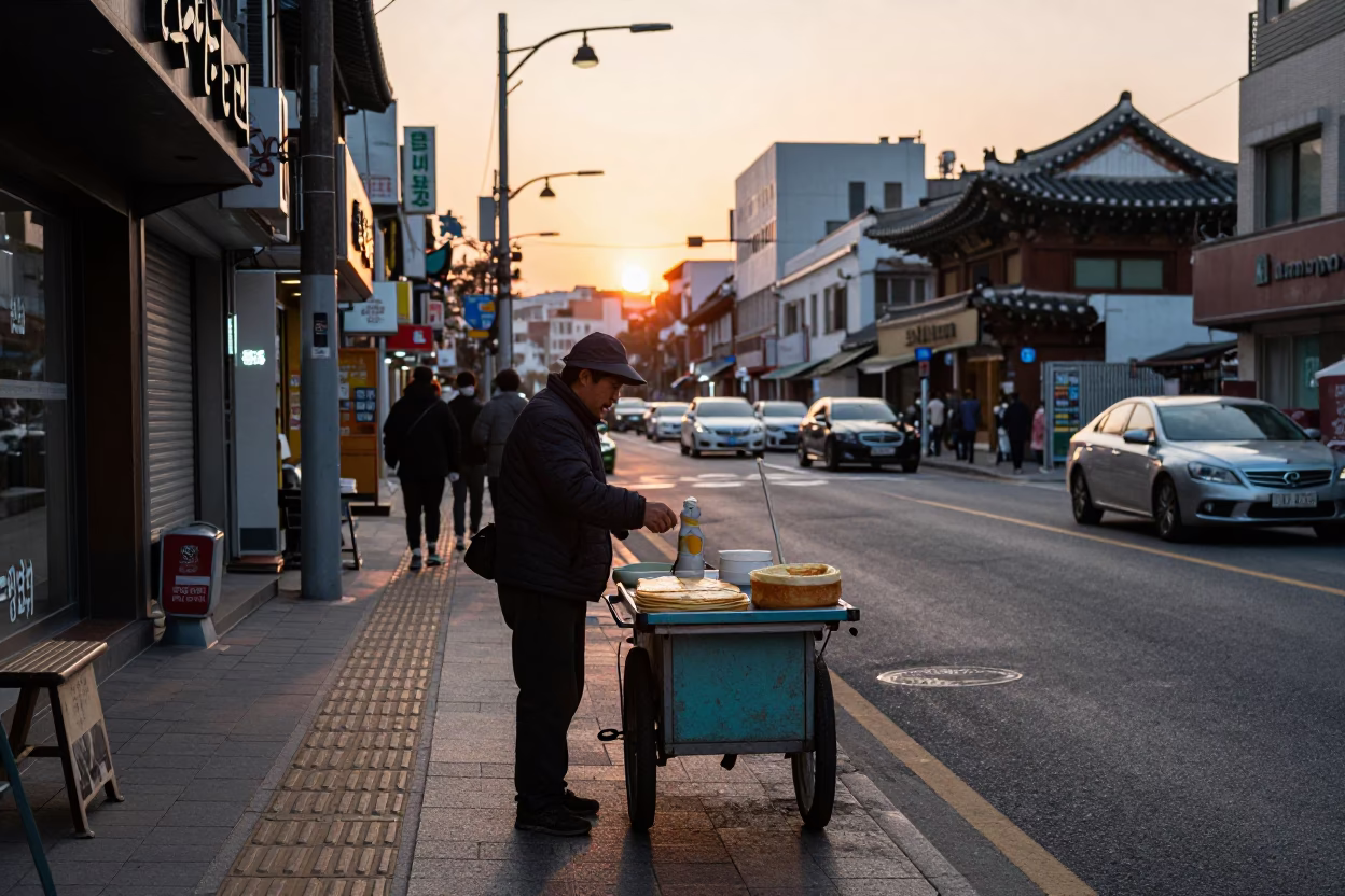 Evening Street Scene in Seoul South Korea with Jianbing Crepe Vendor and Pedestrians in in Seoul, South Korea