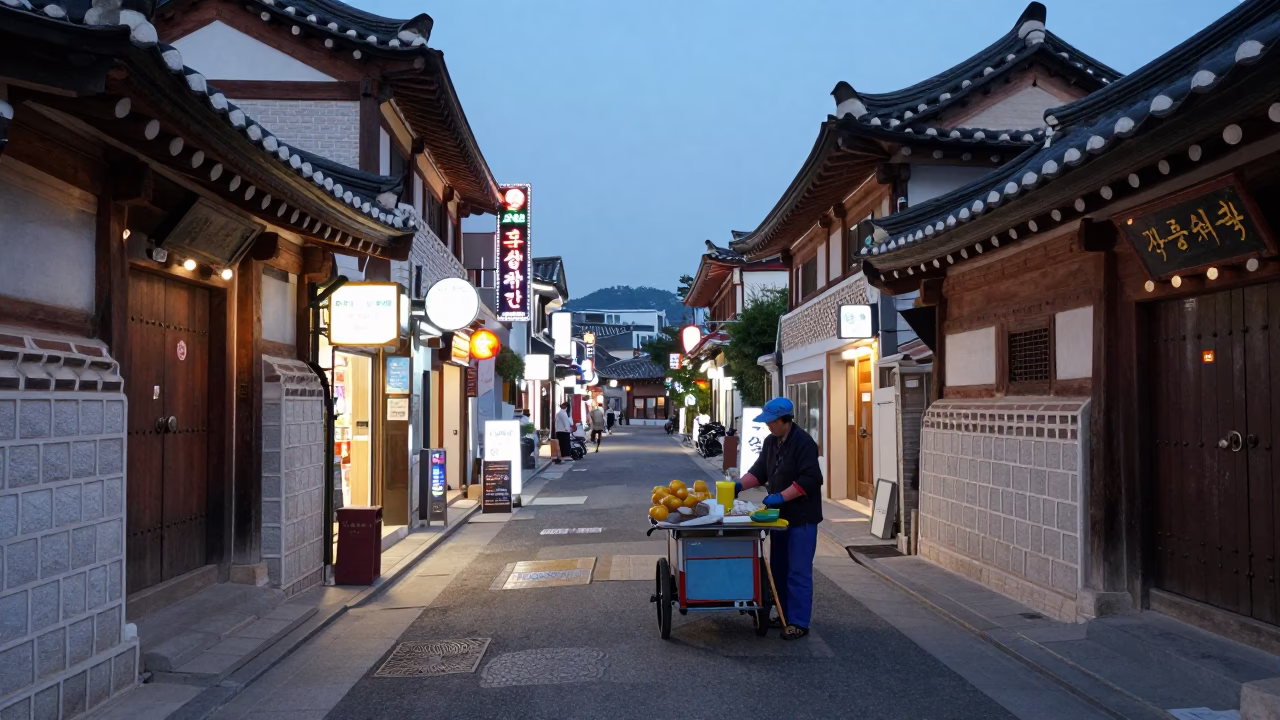 Evening Street Scene in Seoul South Korea with Neon Lights and Traditional Market Elements in in Seoul, South Korea