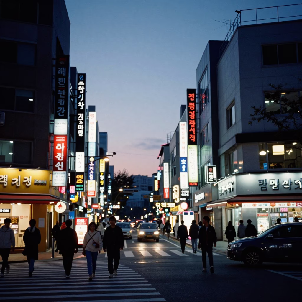 Evening street scene in Seoul South Korea with neon signs and pedestrians in in Seoul, South Korea