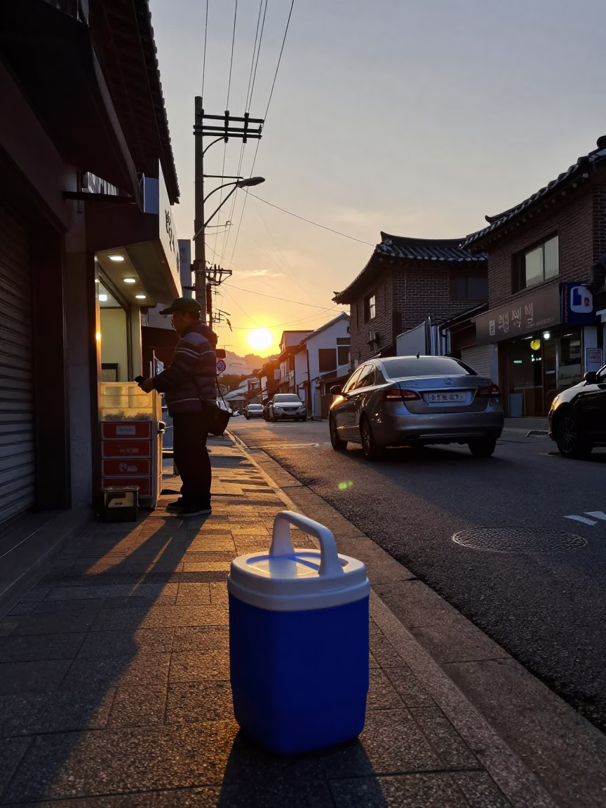Evening Street Scene in Seoul South Korea with Plastic Cooler Jug and Wash Basin in in Seoul, South Korea