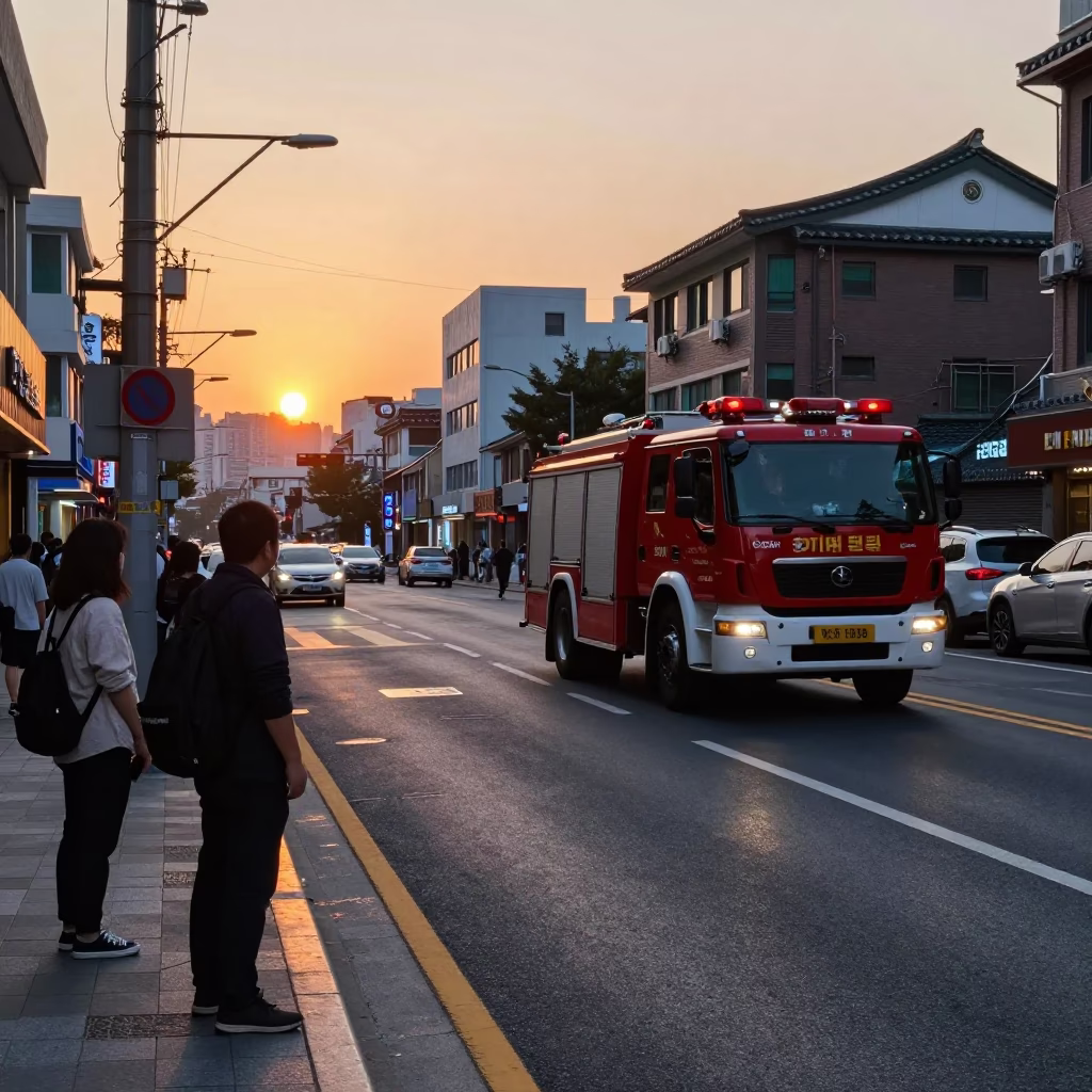 Evening Street Scene in Seoul South Korea with Red Fire Engine and Urban Life in in Seoul, South Korea