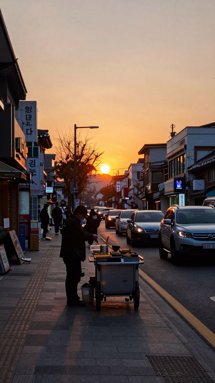 Evening Street Scene in Seoul with Korean Food and Autumn Trees in in Seoul, South Korea
