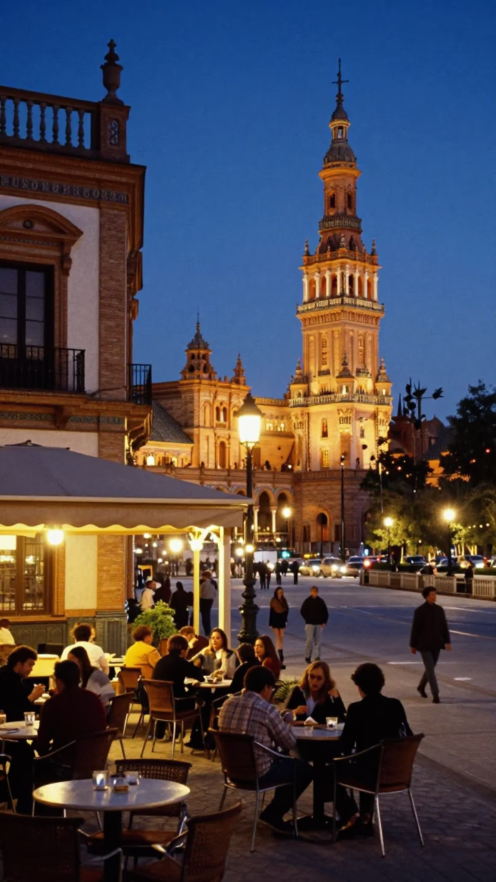 Evening street scene in Seville Spain with glowing city lights and local cafe atmosphere in in Seville, Spain