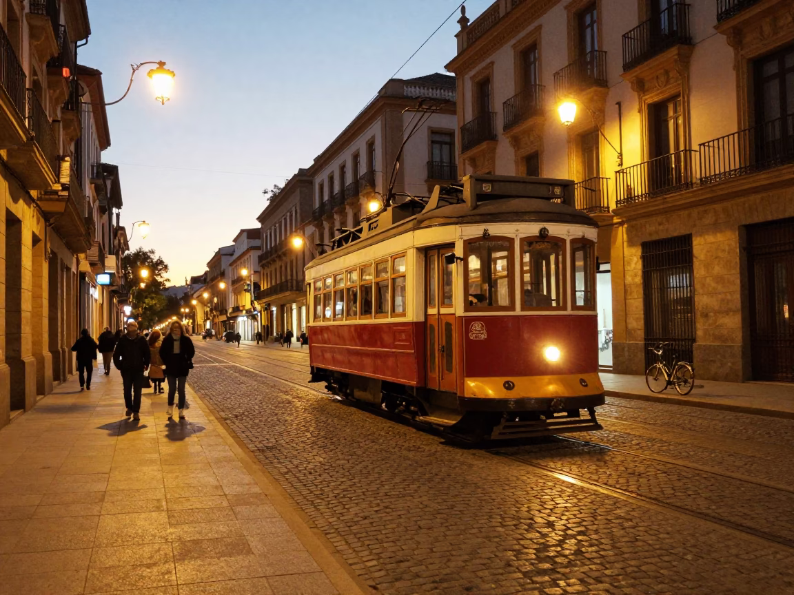 Evening Street Scene in Seville Spain with Heritage Tram and Bicycle at Dusk in in Seville, Spain