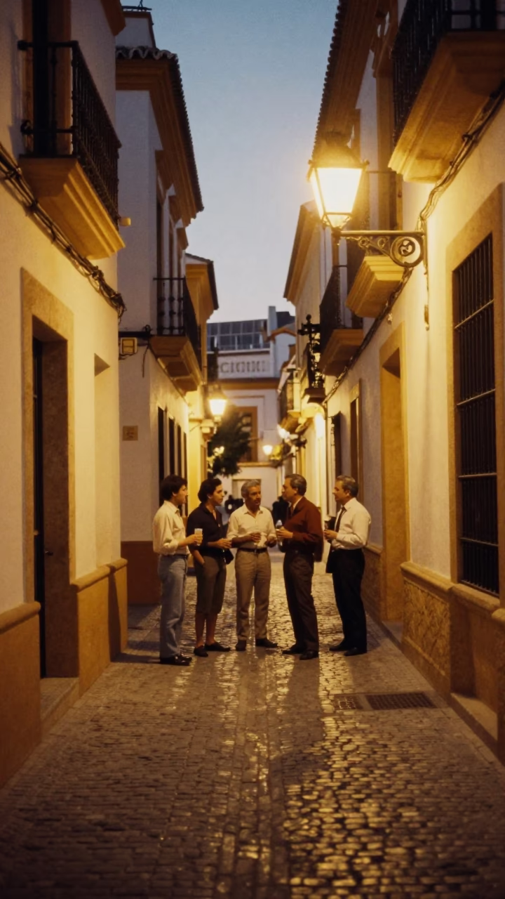 Evening Street Scene in Seville Spain with Neon Lights and Traditional Architecture in in Seville, Spain