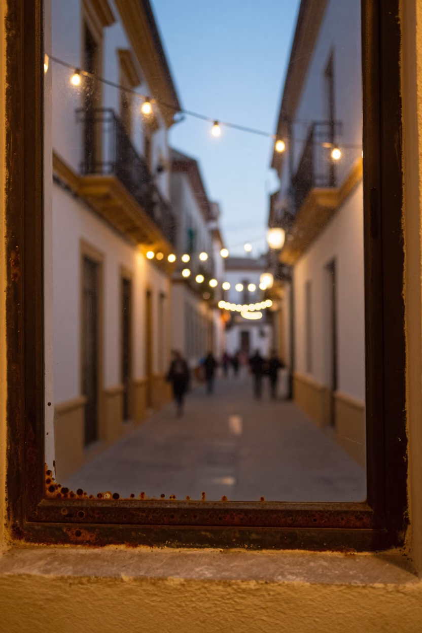 Evening Street Scene in Seville Spain with String Lights and Rusty Window in in Seville, Spain