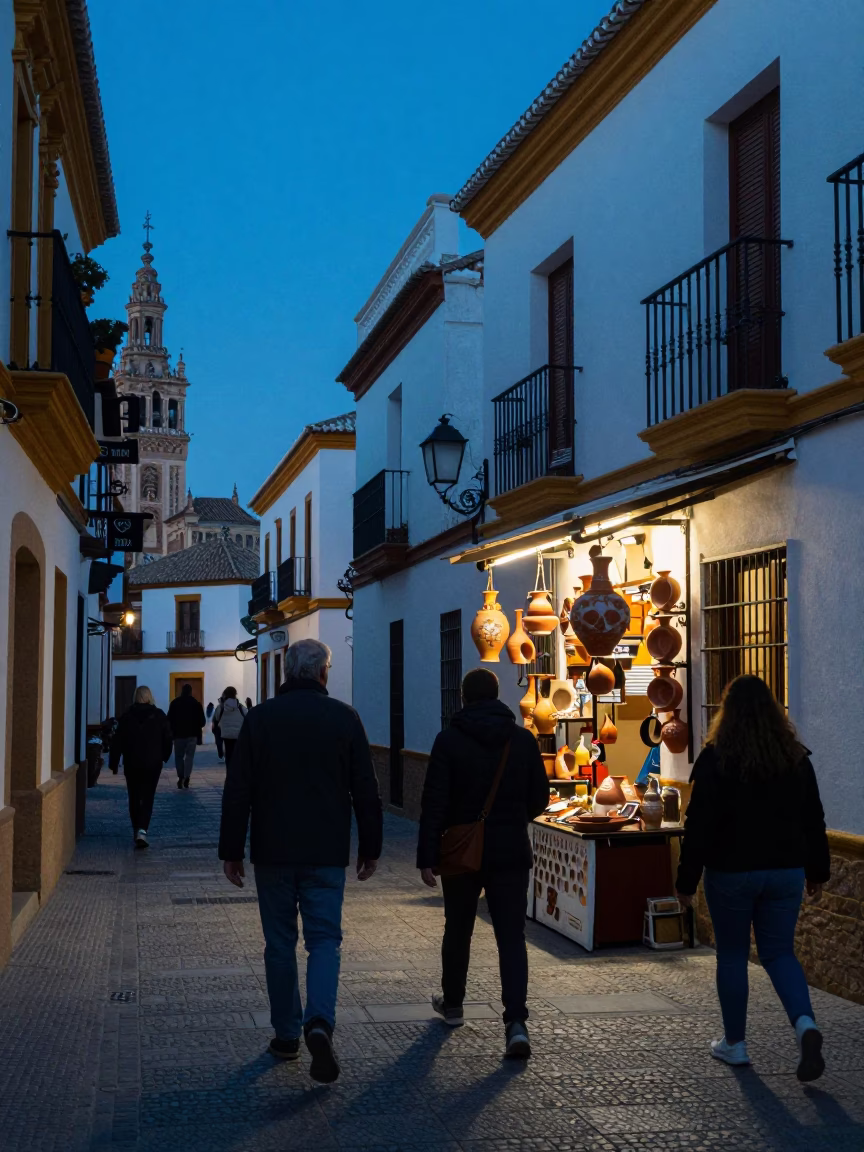 Evening Street Scene in Seville Spain with Traditional Architecture and Pedestrians in in Seville, Spain