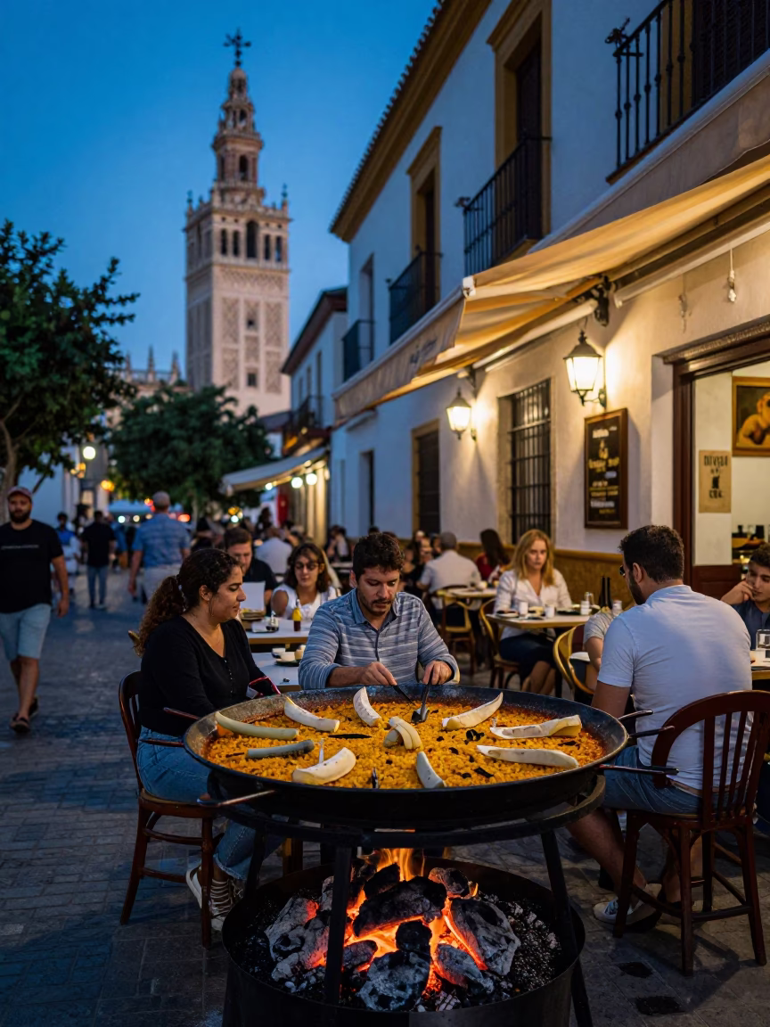 Evening Street Scene in Seville Spain with Traditional Paella and Charcoal Sketchbook in in Seville, Spain
