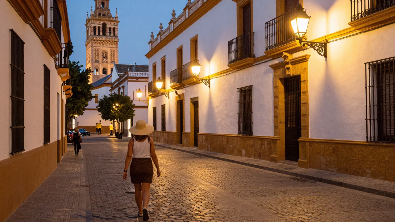 Evening street scene in Seville Spain with woman wearing sun hat and traditional architecture in in Seville, Spain