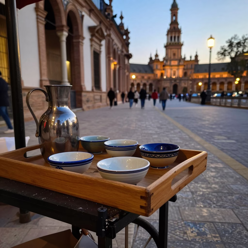 Evening Street Scene in Seville Spain with Wooden Tray and Flamenco Guitar in in Seville, Spain