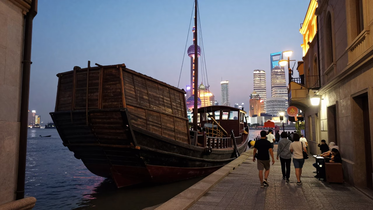 Evening Street Scene in Shanghai China with Chinese Junk Boat and City Lights in in Shanghai, China