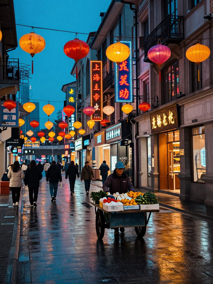Evening Street Scene in Shanghai China with Colorful Lanterns and Urban Architecture in in Shanghai, China